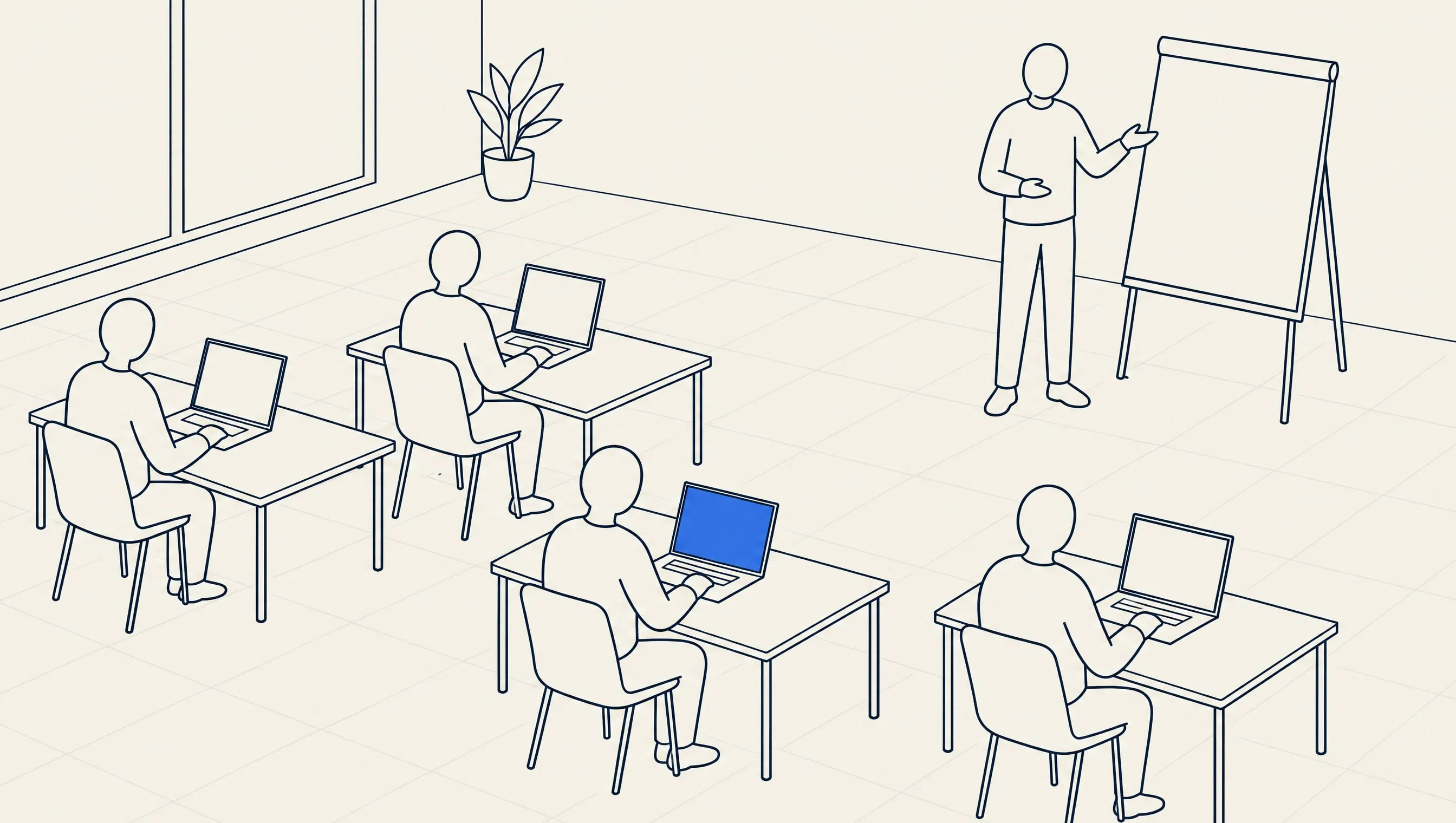 Linienzeichnung: Schulungsraum mit vier Personen an Laptops und einer Person an einem leeren Flipchart, ein Bildschirm ist blau markiert.