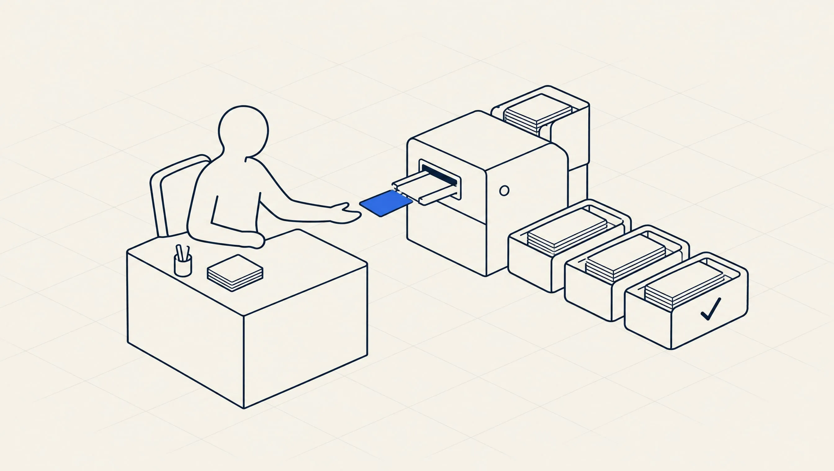 Linienzeichnung: Eine Sortiermaschine legt Nachrichten in Ablagefächer, ein Fach ist abgehakt, eine blau markierte Nachricht reicht sie an eine Person am Schreibtisch weiter.